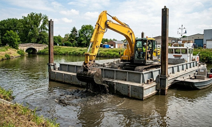 barge de travail en curage dévasage