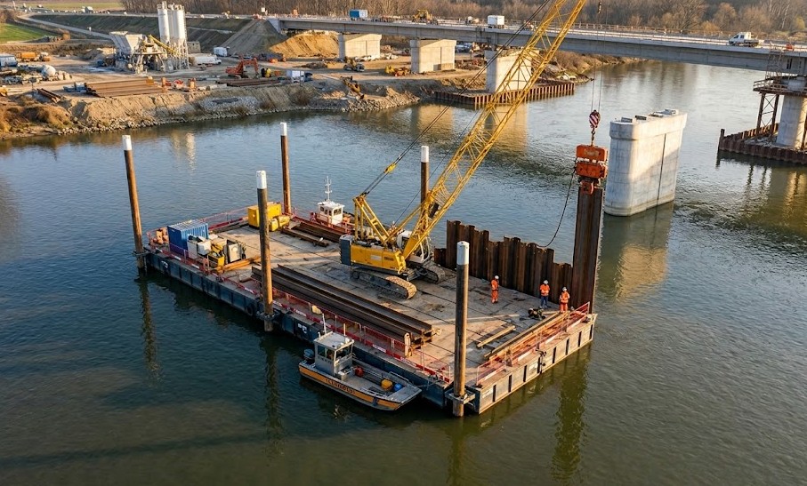 barge de travail en opération pour du vibrofonçage de palplanches dans un batardeau