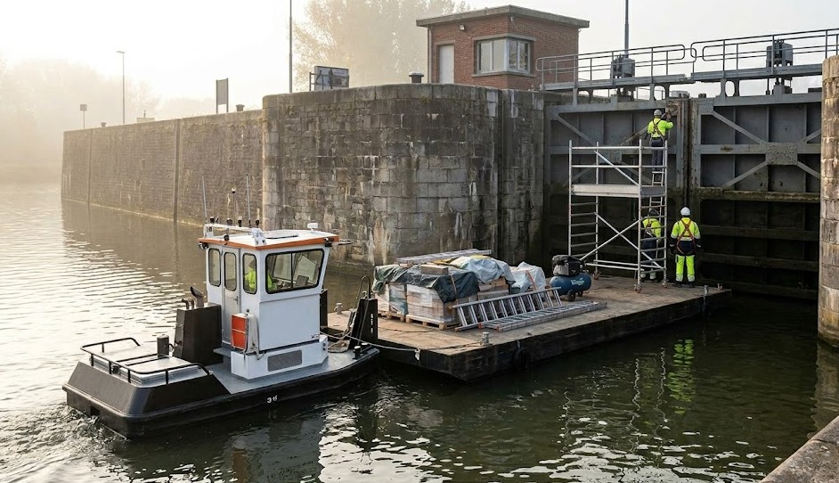petit pousseur avec barge de travail sur un bajoyer d'écluse